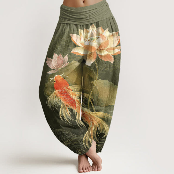 Buddha Stones Pantalones harem de algodón elegantes con estampado de peces koi dorados y loto para mujer con cintura elástica. - Aceituna - US16，UK/AU20，EU48 (3XL) - image 5