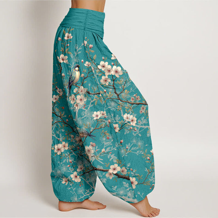Buddha Stones Pantalones harem de cintura elástica para mujer con estampado de ramas de flores de algodón y pájaros. - image 2