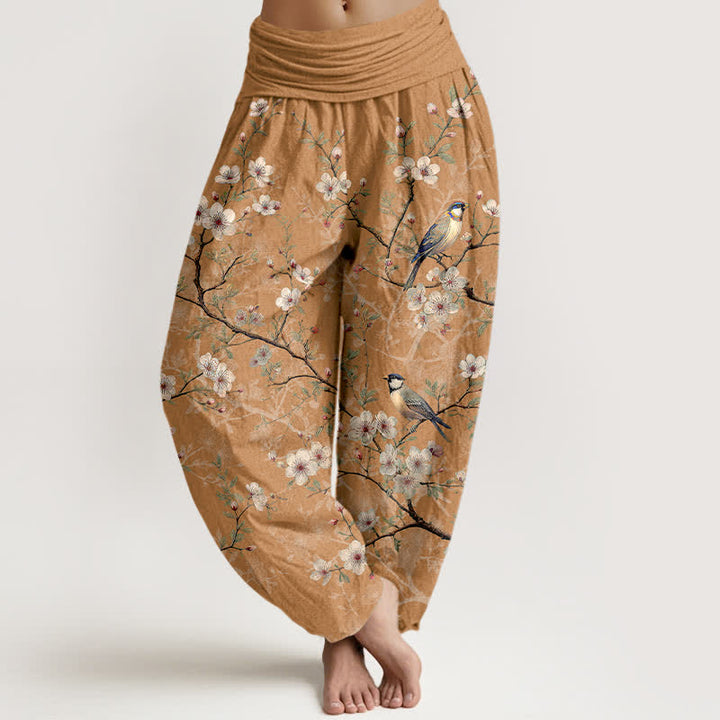 Buddha Stones Pantalones harem de cintura elástica para mujer con estampado de ramas de flores de algodón y pájaros. - Broncearse - US16，UK/AU20，EU48 (3XL) - image 5