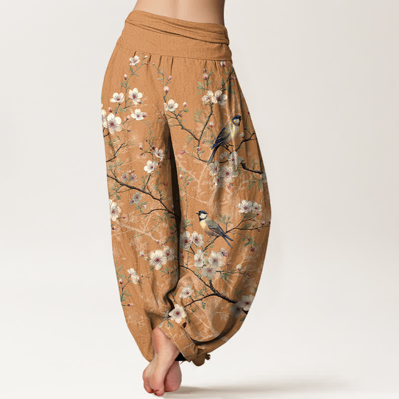 Buddha Stones Pantalones harem de cintura elástica para mujer con estampado de ramas de flores de algodón y pájaros. - image 6