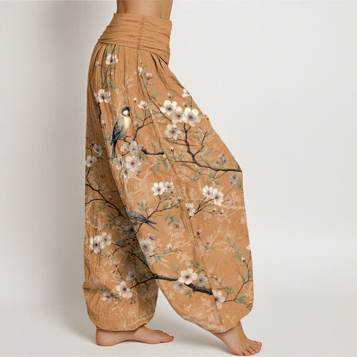 Buddha Stones Pantalones harem de cintura elástica para mujer con estampado de ramas de flores de algodón y pájaros. - image 7