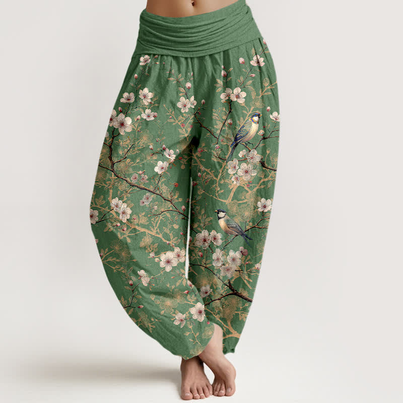 Buddha Stones Pantalones harem de cintura elástica para mujer con estampado de ramas de flores de algodón y pájaros. - Verde oliva - US16，UK/AU20，EU48 (3XL) - image 8