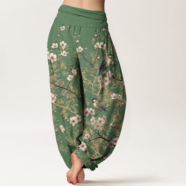 Buddha Stones Pantalones harem de cintura elástica para mujer con estampado de ramas de flores de algodón y pájaros. - image 9