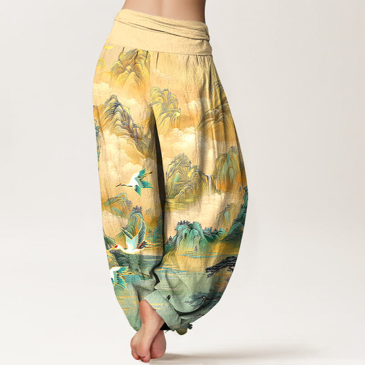 Buddha Stones Pantalones harem de algodón con estampado de paisaje oriental y grulla de corona roja para mujer, con cintura elástica. - image 1