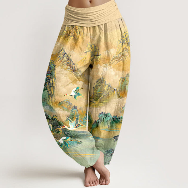Buddha Stones Pantalones harem de algodón con estampado de paisaje oriental y grulla de corona roja para mujer, con cintura elástica. - Trigo - US16，UK/AU20，EU48 (3XL) - image 0
