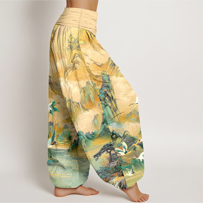 Buddha Stones Pantalones harem de algodón con estampado de paisaje oriental y grulla de corona roja para mujer, con cintura elástica. - image 2