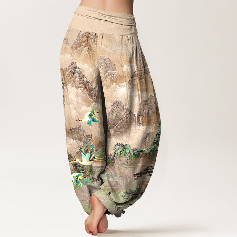 Buddha Stones Pantalones harem de algodón con estampado de paisaje oriental y grulla de corona roja para mujer, con cintura elástica. - image 6