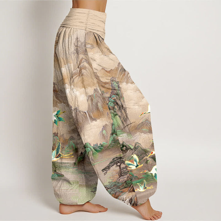 Buddha Stones Pantalones harem de algodón con estampado de paisaje oriental y grulla de corona roja para mujer, con cintura elástica. - image 7