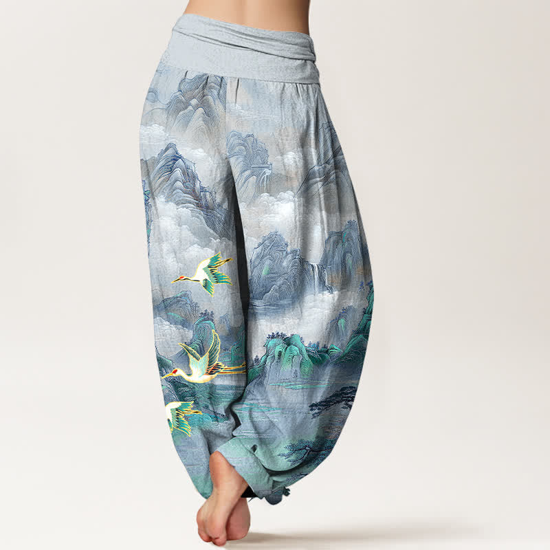 Buddha Stones Pantalones harem de algodón con estampado de paisaje oriental y grulla de corona roja para mujer, con cintura elástica. - image 9