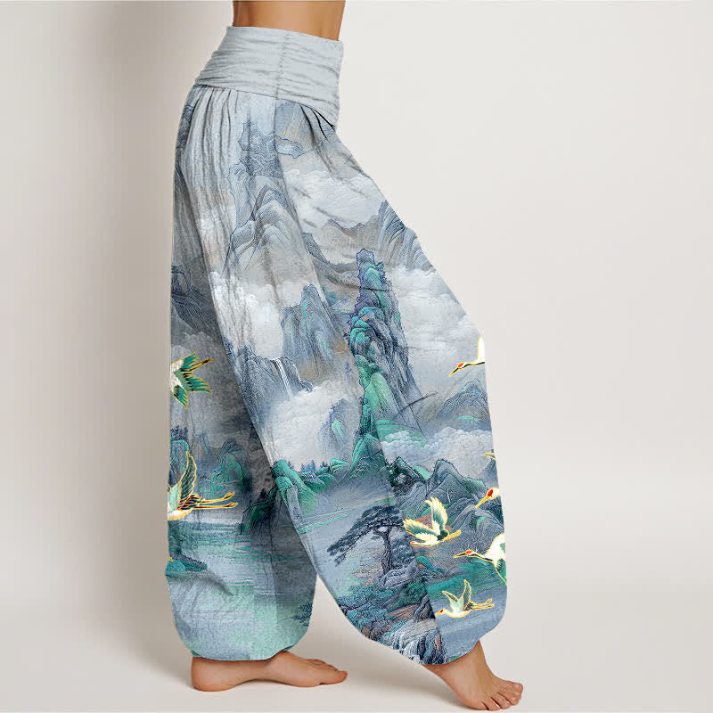 Buddha Stones Pantalones harem de algodón con estampado de paisaje oriental y grulla de corona roja para mujer, con cintura elástica. - image 10