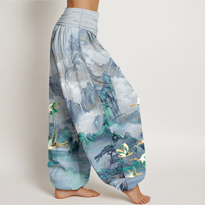 Buddha Stones Pantalones harem de algodón con estampado de paisaje oriental y grulla de corona roja para mujer, con cintura elástica. - image 10