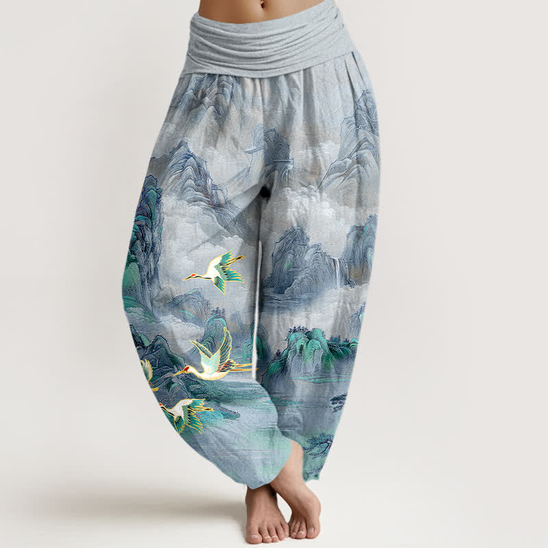 Buddha Stones Pantalones harem de algodón con estampado de paisaje oriental y grulla de corona roja para mujer, con cintura elástica. - Azul acero claro - US16，UK/AU20，EU48 (3XL) - image 8