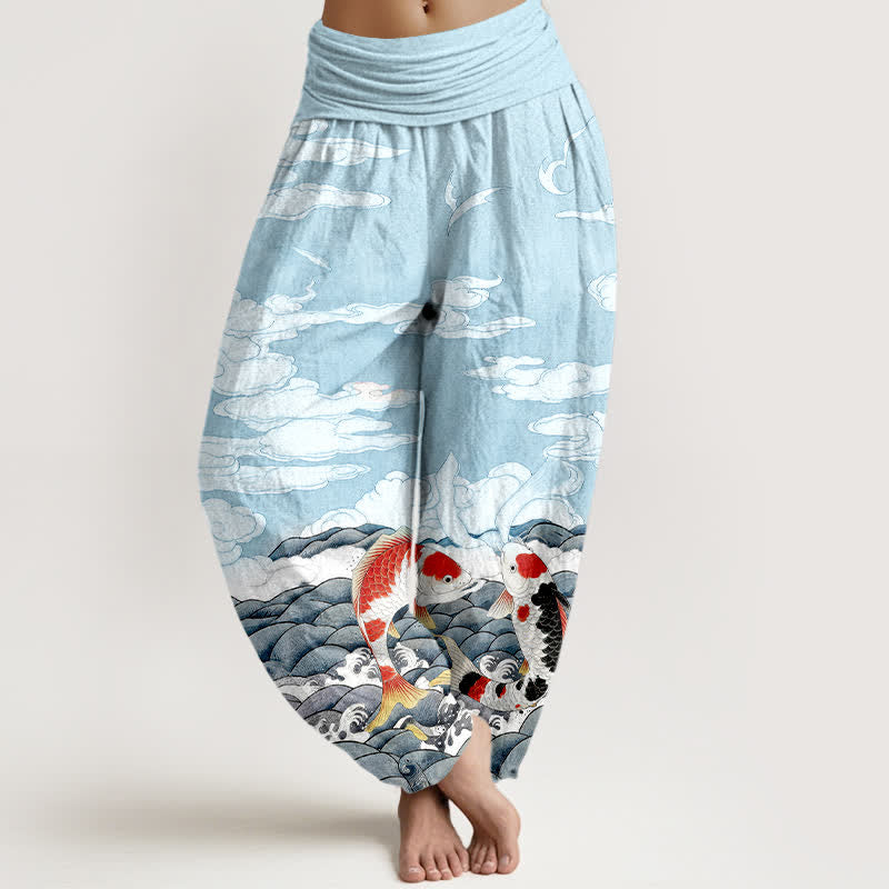 Buddha Stones Pantalones harem de algodón con estampado de peces koi, olas y nubes para mujer, con cintura elástica. - Turquesa pálido - US16，UK/AU20，EU48 (3XL) - image 0