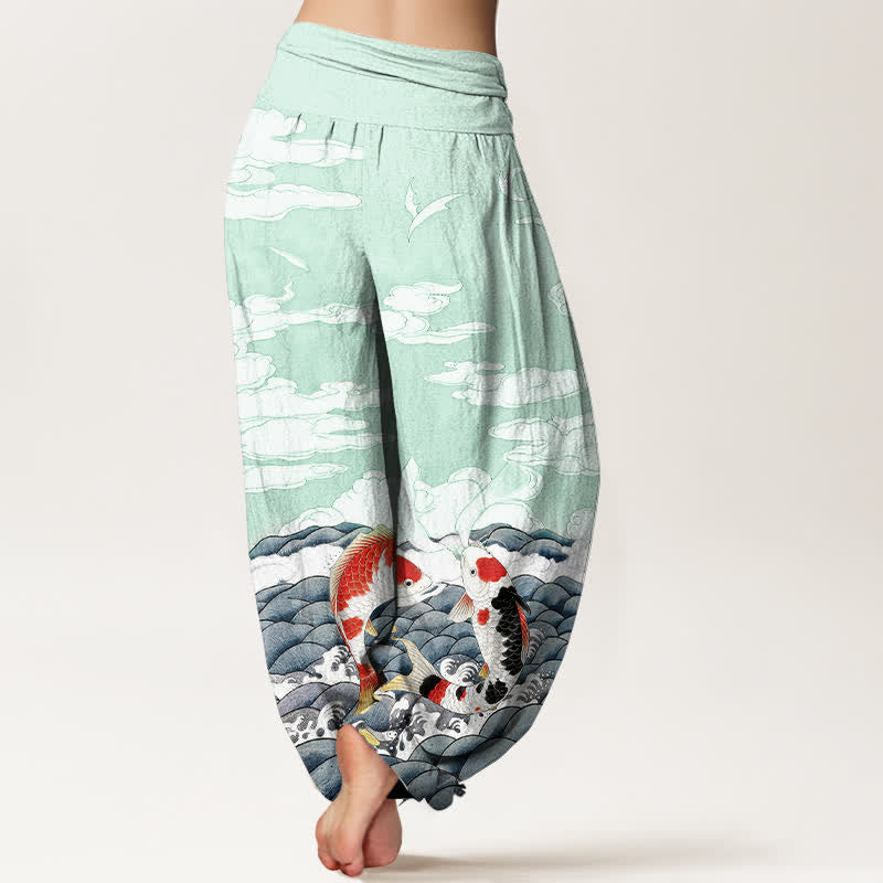 Buddha Stones Pantalones harem de algodón con estampado de peces koi, olas y nubes para mujer, con cintura elástica. - image 6