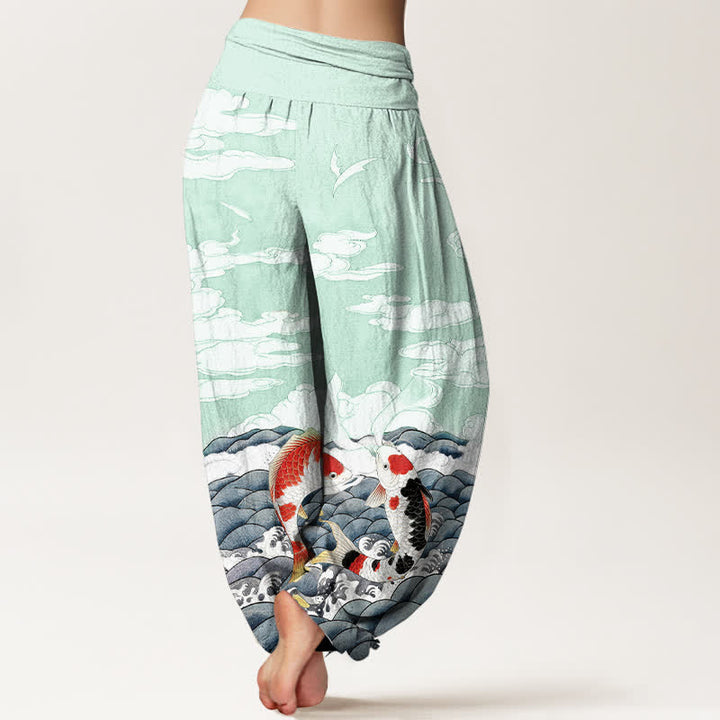 Buddha Stones Pantalones harem de algodón con estampado de peces koi, olas y nubes para mujer, con cintura elástica. - image 6