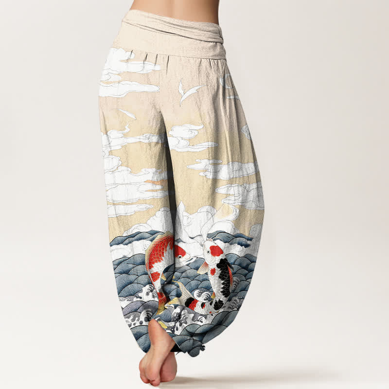 Buddha Stones Pantalones harem de algodón con estampado de peces koi, olas y nubes para mujer, con cintura elástica. - image 9