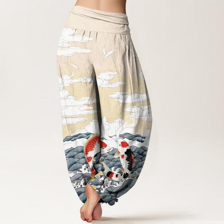 Buddha Stones Pantalones harem de algodón con estampado de peces koi, olas y nubes para mujer, con cintura elástica. - image 9