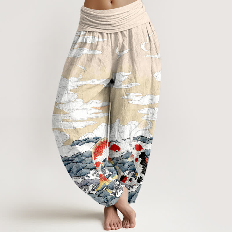 Buddha Stones Pantalones harem de algodón con estampado de peces koi, olas y nubes para mujer, con cintura elástica. - Beige - US16，UK/AU20，EU48 (3XL) - image 8