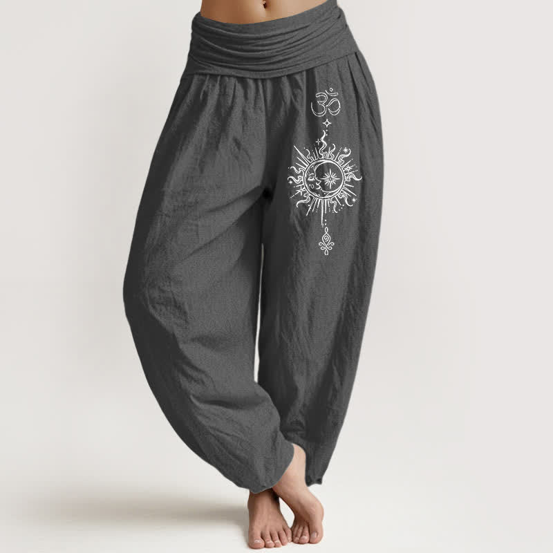 Buddha Stones Pantalones harem de mujer con cintura elástica y estampado mandala Om de algodón puro blanco para mujer - Gris oscuro - US16，UK/AU20，EU48 (3XL) - image 0