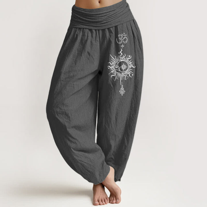 Buddha Stones Pantalones harem de mujer con cintura elástica y estampado mandala Om de algodón puro blanco para mujer - Gris oscuro - US16，UK/AU20，EU48 (3XL) - image 0