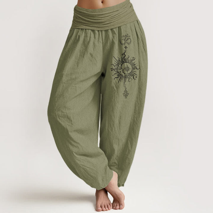 Buddha Stones Pantalones harem de mujer con cintura elástica y estampado mandala Om de algodón puro blanco para mujer - Verde oliva - US16，UK/AU20，EU48 (3XL) - image 11