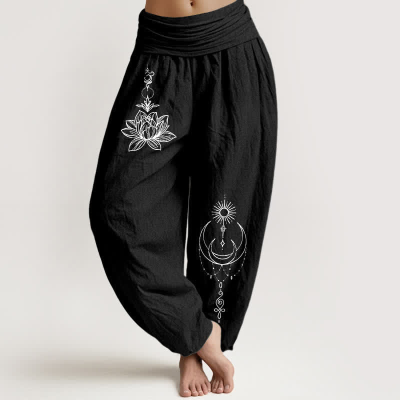 Buddha Stones Pantalones harem de algodón puro con estampado de loto, luna y sol para mujer, con cintura elástica. - Negro - US16，UK/AU20，EU48 (3XL) - image 0