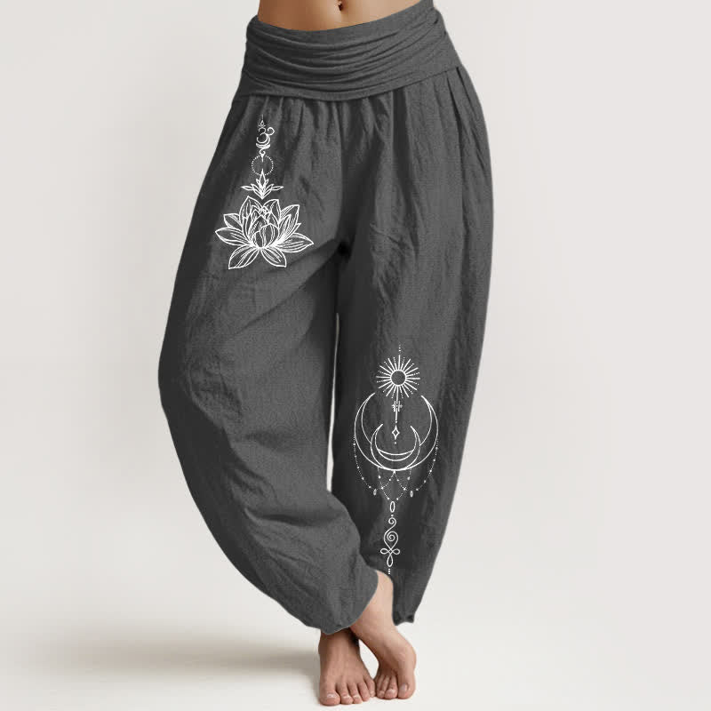 Buddha Stones Pantalones harem de algodón puro con estampado de loto, luna y sol para mujer, con cintura elástica. - Gris oscuro - US16，UK/AU20，EU48 (3XL) - image 8