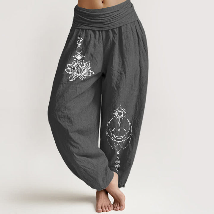 Buddha Stones Pantalones harem de algodón puro con estampado de loto, luna y sol para mujer, con cintura elástica. - Gris oscuro - US16，UK/AU20，EU48 (3XL) - image 8
