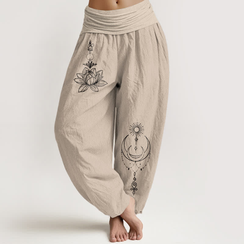 Buddha Stones Pantalones harem de algodón puro con estampado de loto, luna y sol para mujer, con cintura elástica. - Broncearse - US16，UK/AU20，EU48 (3XL) - image 14