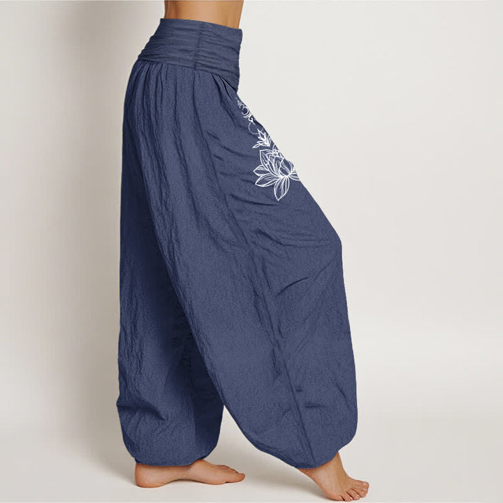 Buddha Stones Pantalones harem de algodón puro con estampado de loto, luna y sol para mujer, con cintura elástica. - image 6