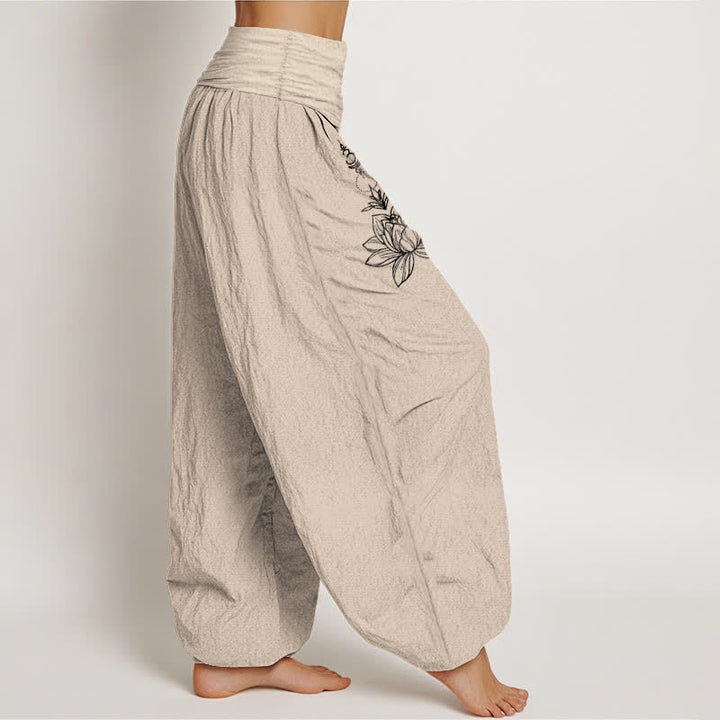 Buddha Stones Pantalones harem de algodón puro con estampado de loto, luna y sol para mujer, con cintura elástica. - image 15