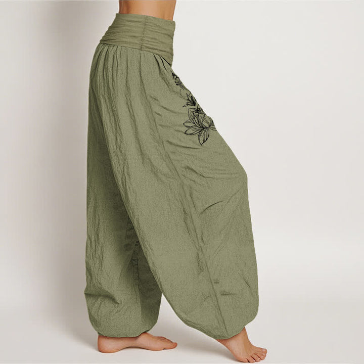 Buddha Stones Pantalones harem de algodón puro con estampado de loto, luna y sol para mujer, con cintura elástica. - image 12