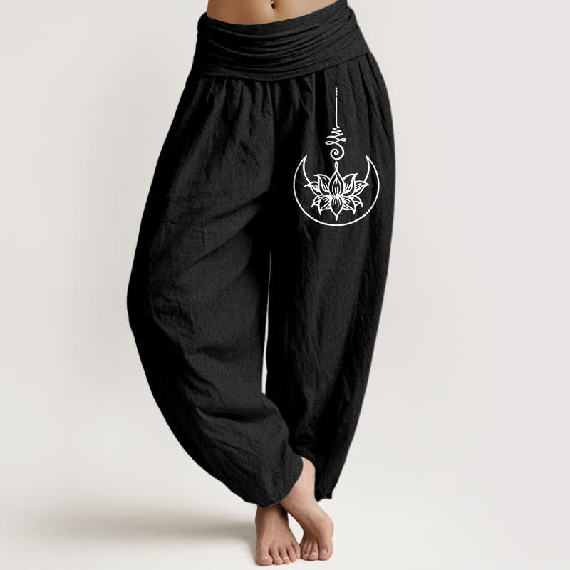 Buddha Stones Pantalones harem de mujer con cintura elástica y estampado de loto sagrado de algodón puro para mujer. - Negro - US16，UK/AU20，EU48 (3XL) - image 5