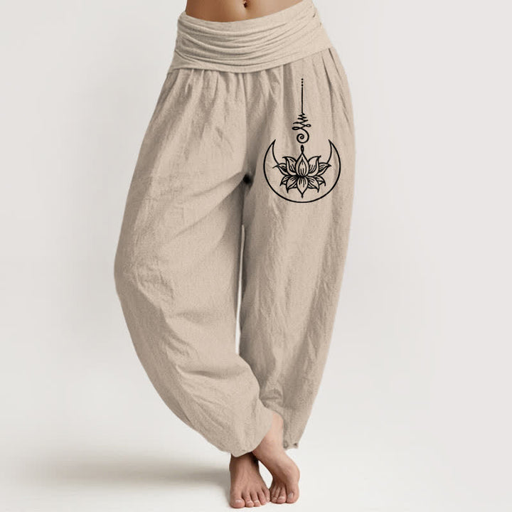 Buddha Stones Pantalones harem de mujer con cintura elástica y estampado de loto sagrado de algodón puro para mujer. - Broncearse - US16，UK/AU20，EU48 (3XL) - image 14