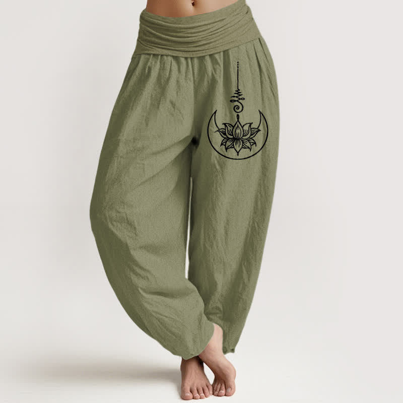 Buddha Stones Pantalones harem de mujer con cintura elástica y estampado de loto sagrado de algodón puro para mujer. - Verde oliva - US16，UK/AU20，EU48 (3XL) - image 11