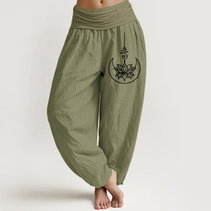 Buddha Stones Pantalones harem de mujer con cintura elástica y estampado de loto sagrado de algodón puro para mujer. - Verde oliva - US16，UK/AU20，EU48 (3XL) - image 11