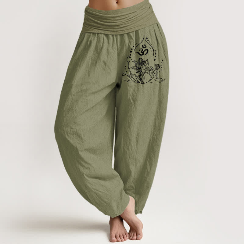Buddha Stones Pantalones harem de algodón puro con estampado de mandala zen para mujer con cintura elástica. - Verde oliva - US16，UK/AU20，EU48 (3XL) - image 11