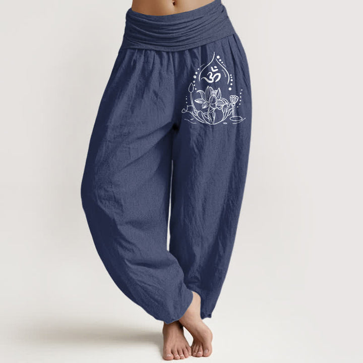 Buddha Stones Pantalones harem de algodón puro con estampado de mandala zen para mujer con cintura elástica. - Azul pizarra oscuro - US16，UK/AU20，EU48 (3XL) - image 5