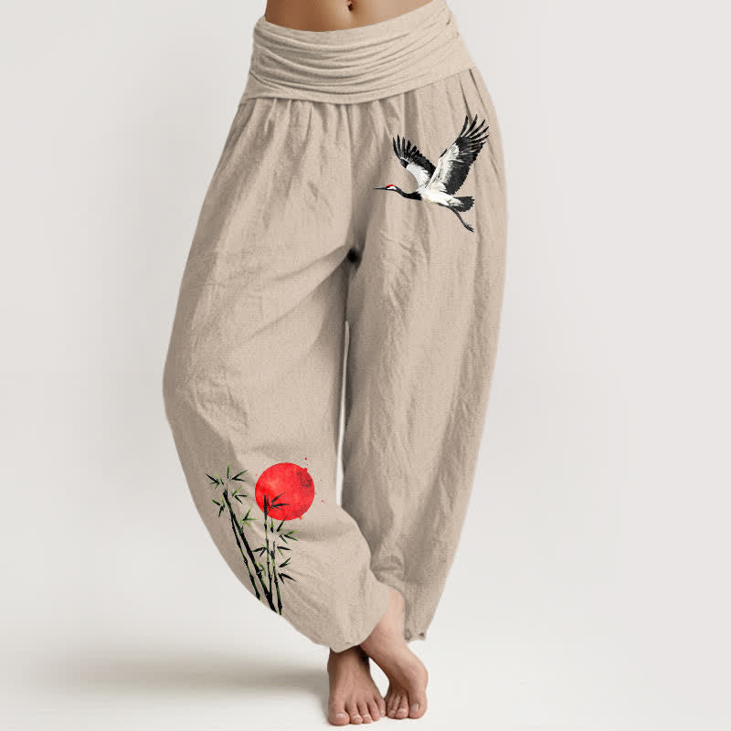 Buddha Stones Pantalones harem de mujer con cintura elástica y estampado de grulla voladora y sol rojo, de algodón puro. - Broncearse - US16，UK/AU20，EU48 (3XL) - image 0