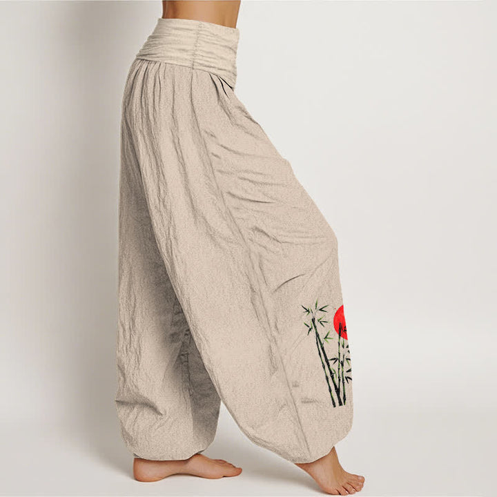 Buddha Stones Pantalones harem de mujer con cintura elástica y estampado de grulla voladora y sol rojo, de algodón puro. - image 1