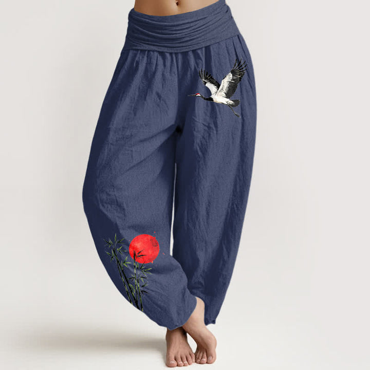 Buddha Stones Pantalones harem de mujer con cintura elástica y estampado de grulla voladora y sol rojo, de algodón puro. - Azul pizarra oscuro - US16，UK/AU20，EU48 (3XL) - image 5
