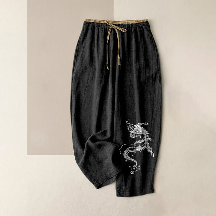 Buddha Stones Pantalones de mujer de algodón puro con estampado de peces koi blancos, cintura elástica y bolsillos. - Negro - US16，UK/AU20，EU48 (3XL) - image 4