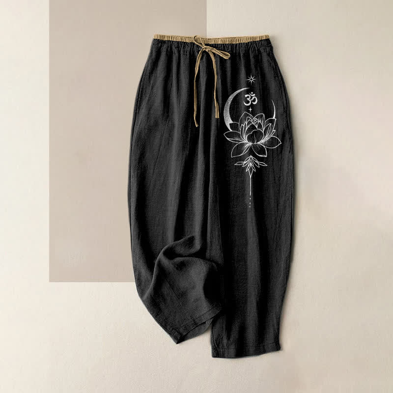 Buddha Stones Pantalones de mujer de algodón puro con estampado de loto, luna y símbolo Om, cintura elástica y bolsillos. - Negro - US16，UK/AU20，EU48 (3XL) - image 0
