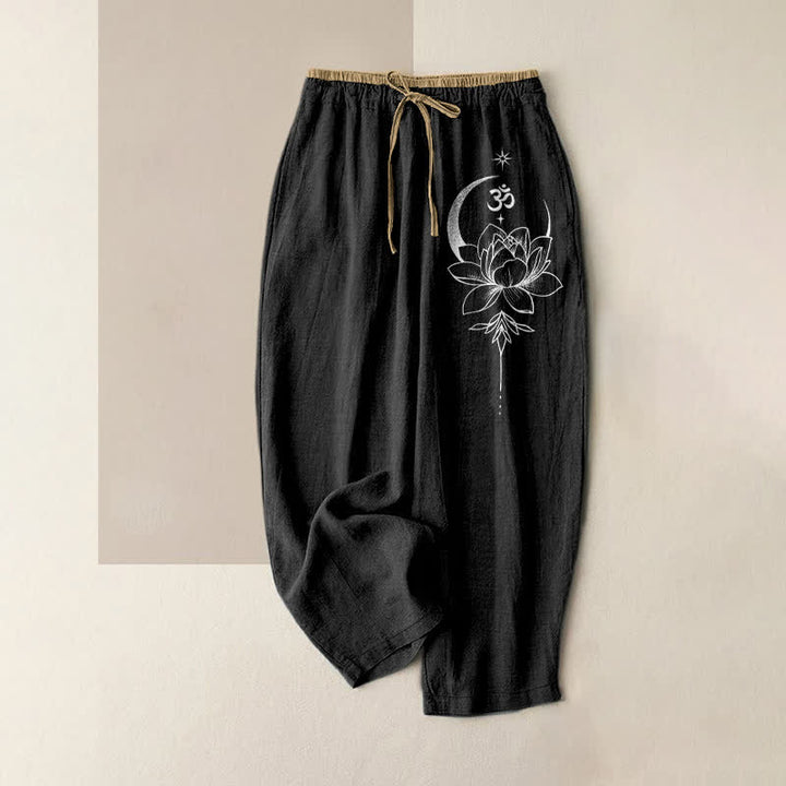 Buddha Stones Pantalones de mujer de algodón puro con estampado de loto, luna y símbolo Om, cintura elástica y bolsillos. - Negro - US16，UK/AU20，EU48 (3XL) - image 0