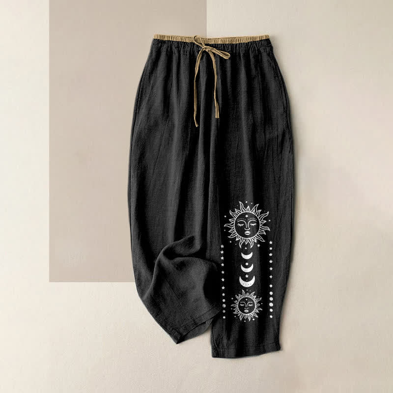 Buddha Stones Pantalones de mujer de algodón puro con estampado de rostro de sol místico y cintura elástica con bolsillos. - Negro - US16，UK/AU20，EU48 (3XL) - image 0