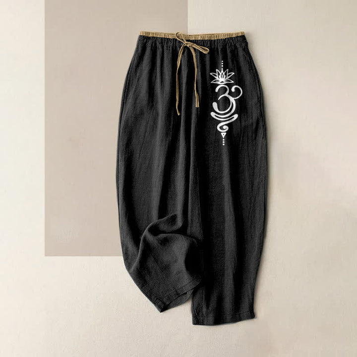 Buddha Stones Pantalones de mujer de algodón puro con estampado espiritual Om Lotus y cintura elástica con bolsillos. - Negro - US16，UK/AU20，EU48 (3XL) - image 0