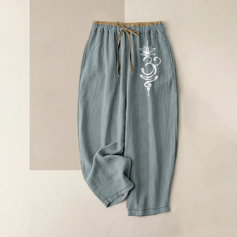 Buddha Stones Pantalones de mujer de algodón puro con estampado espiritual Om Lotus y cintura elástica con bolsillos. - Azul claro - US16，UK/AU20，EU48 (3XL) - image 5