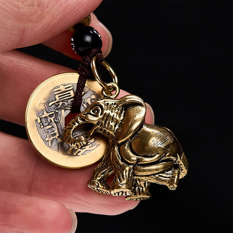 Buddha Stones Llaveros de la suerte con forma de elefante y cinco monedas de emperador, de latón antiguo. - image 14