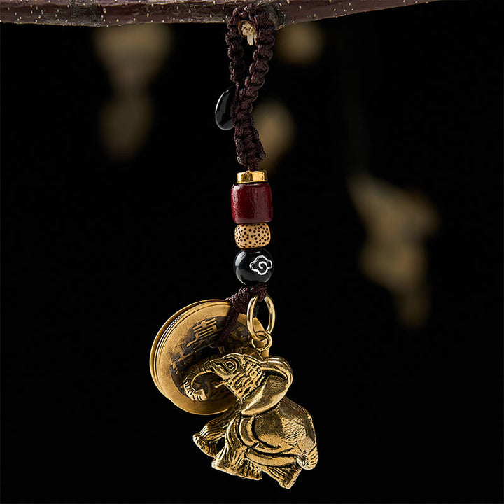 Buddha Stones Llaveros de la suerte con forma de elefante y cinco monedas de emperador, de latón antiguo. - Elefante con cordón de nube auspicioso y cinco monedas de emperador - image 10