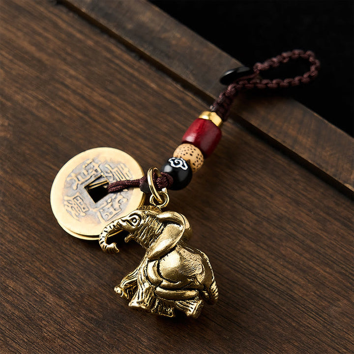 Buddha Stones Llaveros de la suerte con forma de elefante y cinco monedas de emperador, de latón antiguo. - image 11